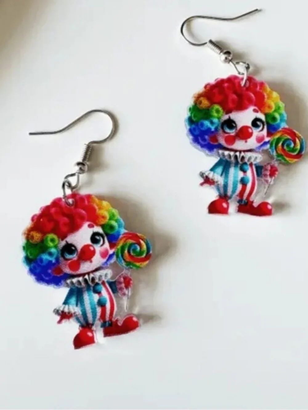 Rainbow Clown Dangle Earrings - Colorful Clown with Lollipop